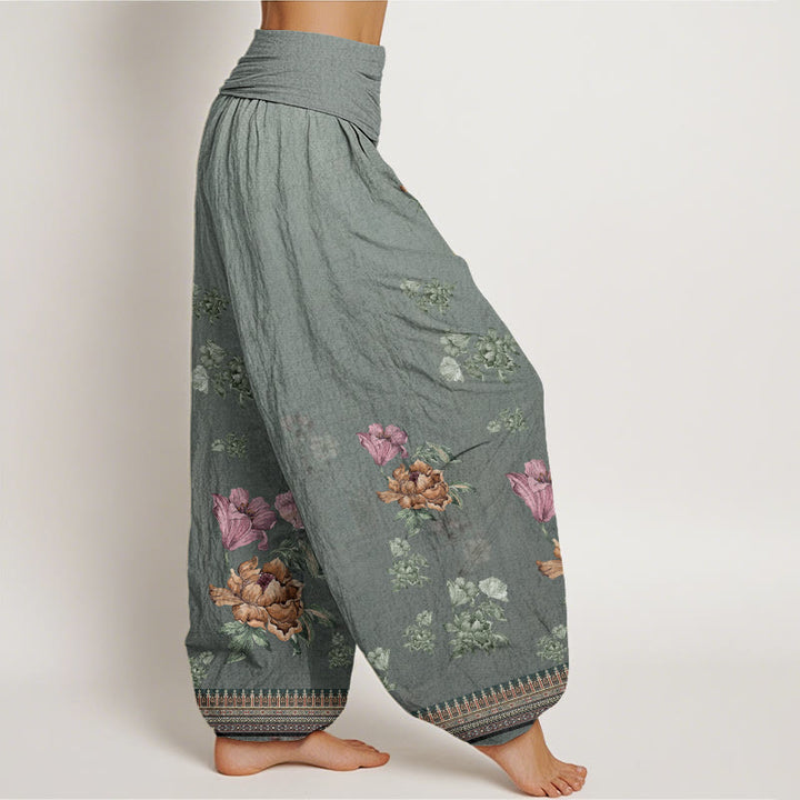 Buddha Stones Lässige Haremshose mit Pflanzen-Pfingstrosenblüten-Muster für Damen, elastische Taille - image 6