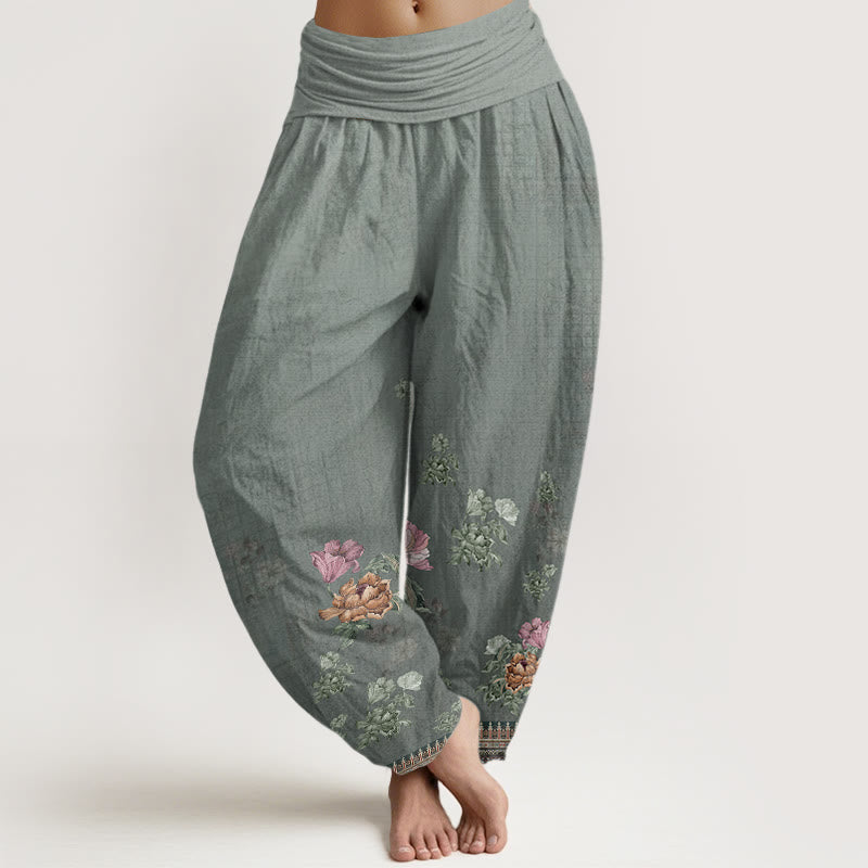 Buddha Stones Lässige Haremshose mit Pflanzen-Pfingstrosenblüten-Muster für Damen, elastische Taille - Dunkelgrau - US22， UK/AU26，EU54 (6XL) - image 5