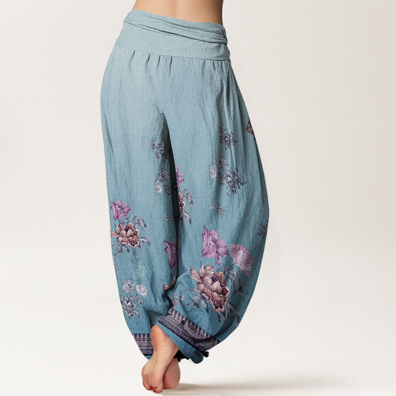 Buddha Stones Lässige Haremshose mit Pflanzen-Pfingstrosenblüten-Muster für Damen, elastische Taille - image 10