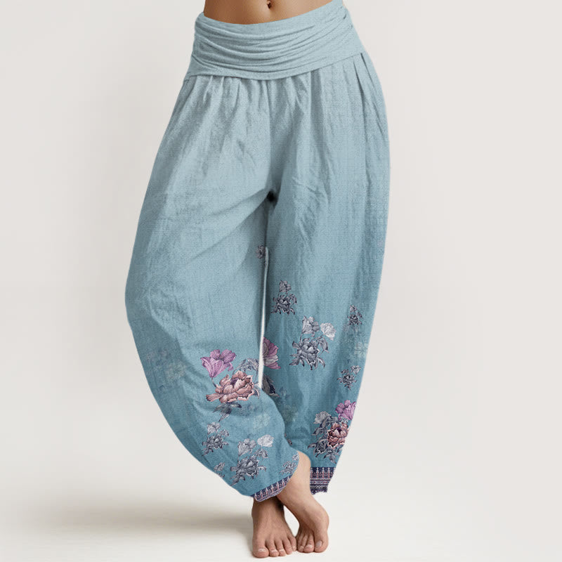 Buddha Stones Lässige Haremshose mit Pflanzen-Pfingstrosenblüten-Muster für Damen, elastische Taille - HellHimmelBlau - US22， UK/AU26，EU54 (6XL) - image 8