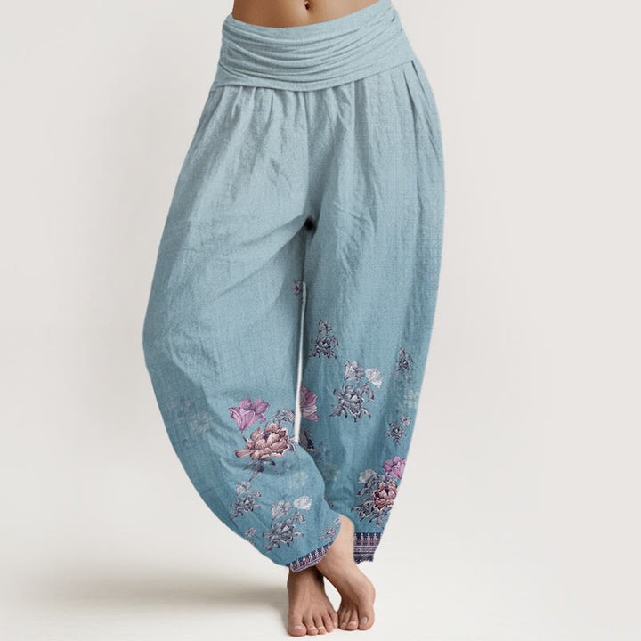 Buddha Stones Lässige Haremshose mit Pflanzen-Pfingstrosenblüten-Muster für Damen, elastische Taille - HellHimmelBlau - US22， UK/AU26，EU54 (6XL) - image 8