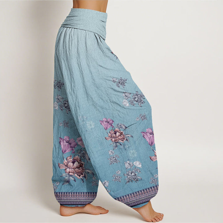 Buddha Stones Lässige Haremshose mit Pflanzen-Pfingstrosenblüten-Muster für Damen, elastische Taille - image 9