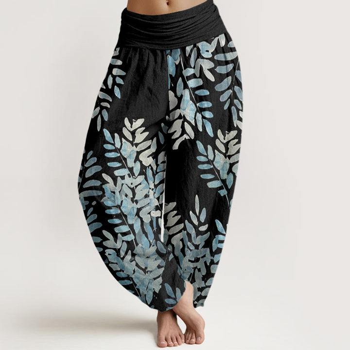 Buddha Stones Lässige Haremshose mit Pflanzen- und Blättermuster für Damen, elastische Taille