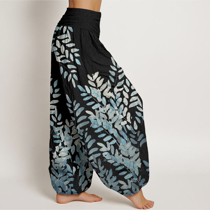 Buddha Stones Lässige Haremshose mit Pflanzen- und Blättermuster für Damen, elastische Taille