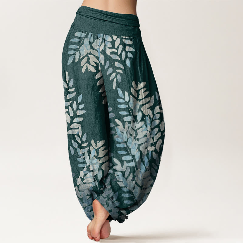 Buddha Stones Lässige Haremshose mit Pflanzen- und Blättermuster für Damen, elastische Taille