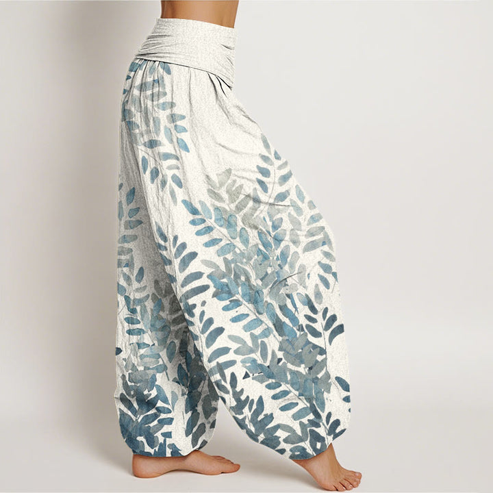 Buddha Stones Lässige Haremshose mit Pflanzen- und Blättermuster für Damen, elastische Taille