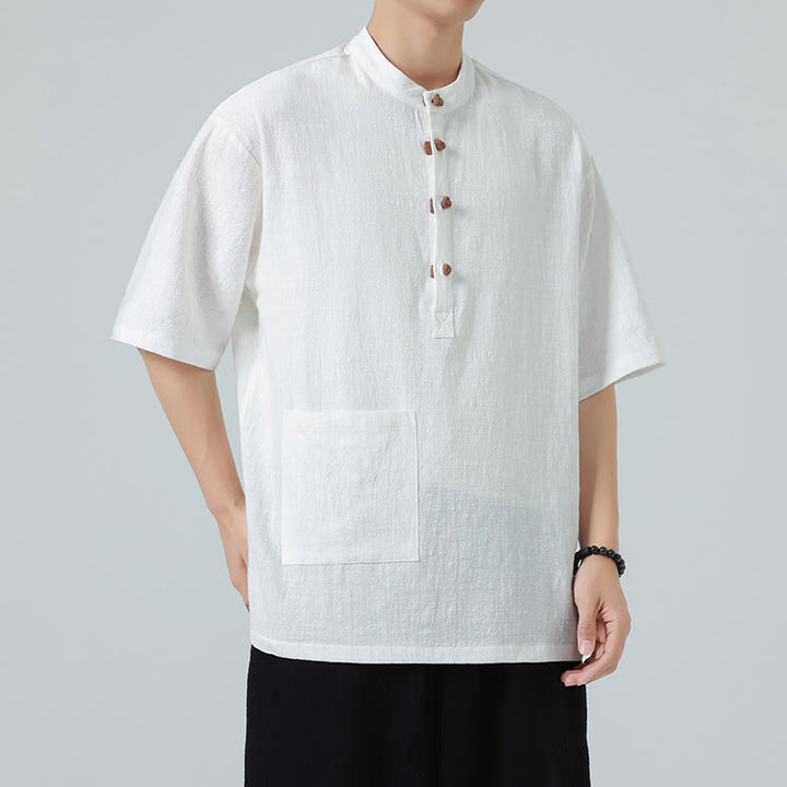 Buddha Stones Lässiges Herren-Tang-Anzug-Baumwollhemd mit halben Ärmeln und Froschknopf-Design und Stehkragen mit Tasche - Weiß - US/ UK/AU46, EU56 (5XL) - image 14