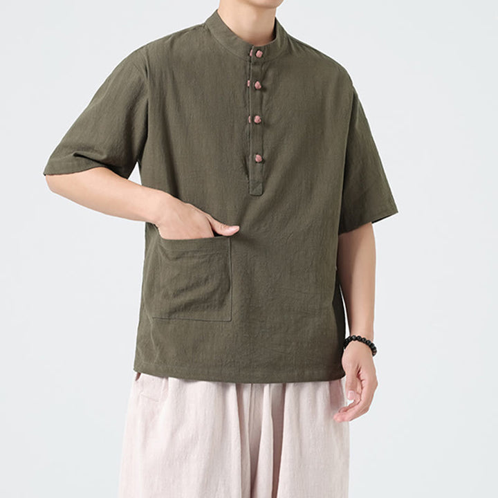 Buddha Stones Lässiges Herren-Tang-Anzug-Baumwollhemd mit halben Ärmeln und Froschknopf-Design und Stehkragen mit Tasche - Olivgrün - US/ UK/AU46, EU56 (5XL) - image 21