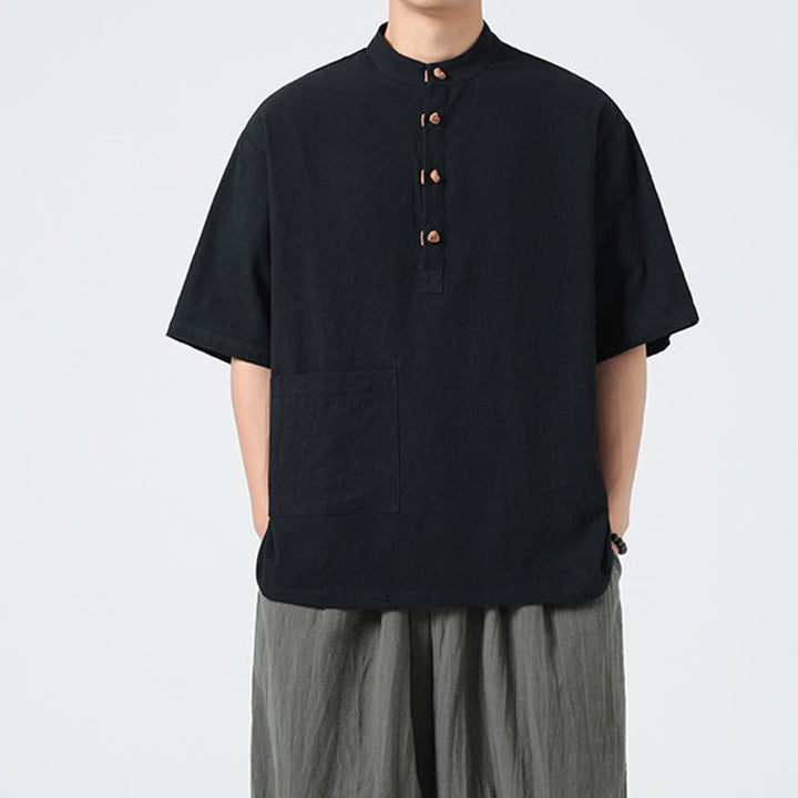 Buddha Stones Lässiges Herren-Tang-Anzug-Baumwollhemd mit halben Ärmeln und Froschknopf-Design und Stehkragen mit Tasche - Schwarz - US/ UK/AU46, EU56 (5XL) - image 9