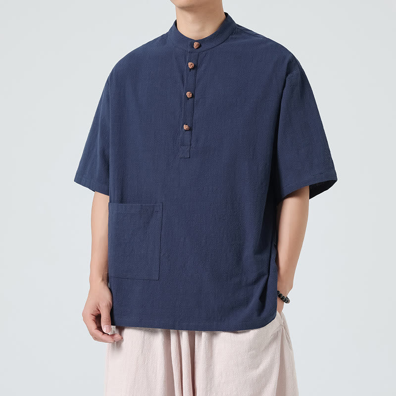 Buddha Stones Lässiges Herren-Tang-Anzug-Baumwollhemd mit halben Ärmeln und Froschknopf-Design und Stehkragen mit Tasche - Marine - US/ UK/AU46, EU56 (5XL) - image 0