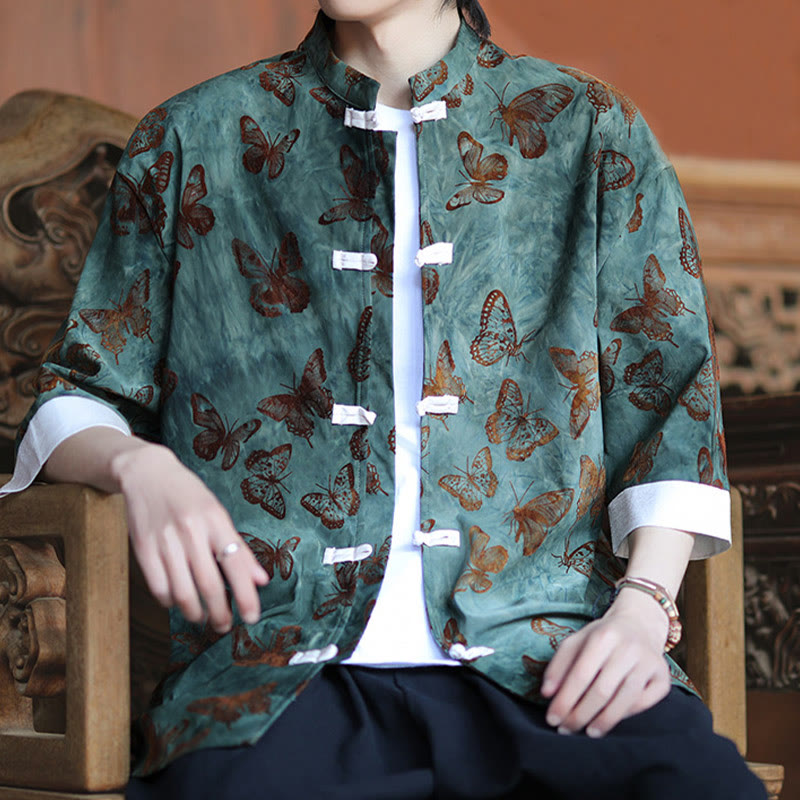 Buddha Stones Jacquard Schmetterlingsmuster Weiß Frosch-Knopf-Design Stehkragen Herren Dreiviertelärmel Baumwollhemd Strickjacke