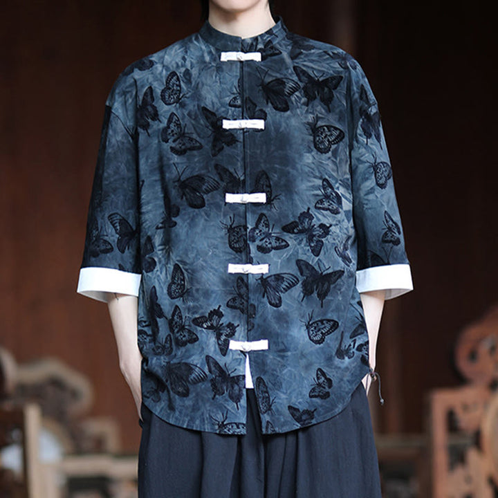 Buddha Stones Jacquard Schmetterlingsmuster Weiß Frosch-Knopf-Design Stehkragen Herren Dreiviertelärmel Baumwollhemd Strickjacke