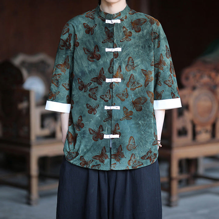 Buddha Stones Jacquard Schmetterlingsmuster Weiß Frosch-Knopf-Design Stehkragen Herren Dreiviertelärmel Baumwollhemd Strickjacke - SeaGreen - US/ UK/AU46, EU56 (5XL) - image 0