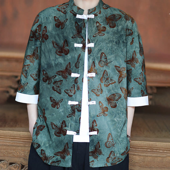 Buddha Stones Jacquard Schmetterlingsmuster Weiß Frosch-Knopf-Design Stehkragen Herren Dreiviertelärmel Baumwollhemd Strickjacke - image 4