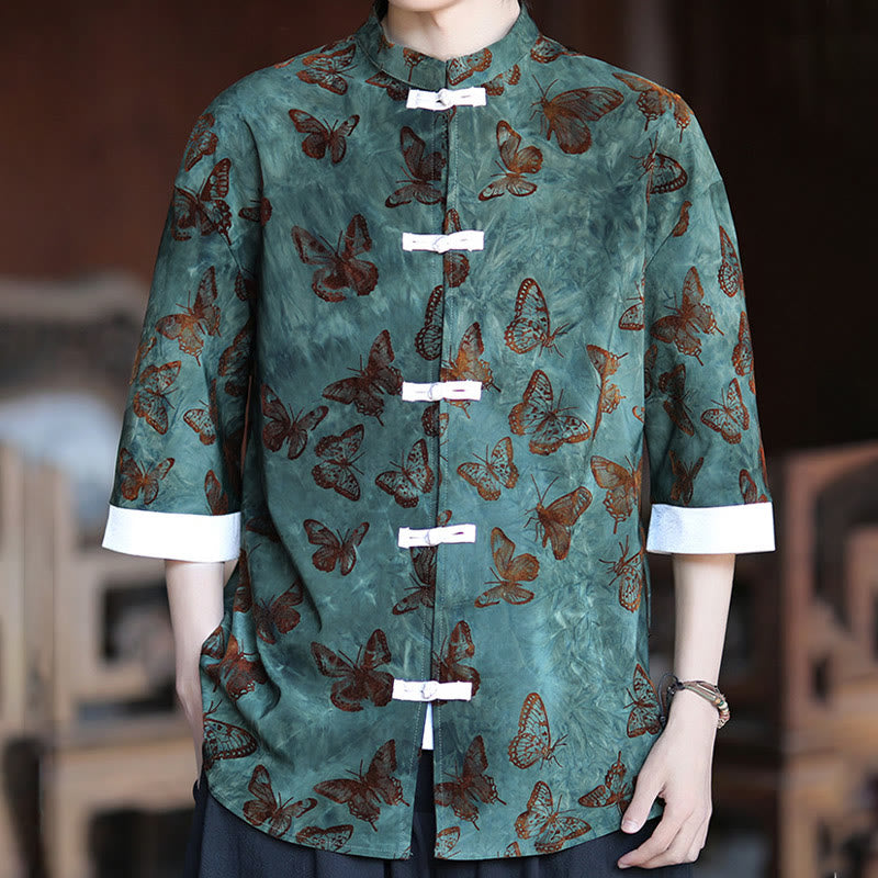 Buddha Stones Jacquard Schmetterlingsmuster Weiß Frosch-Knopf-Design Stehkragen Herren Dreiviertelärmel Baumwollhemd Strickjacke