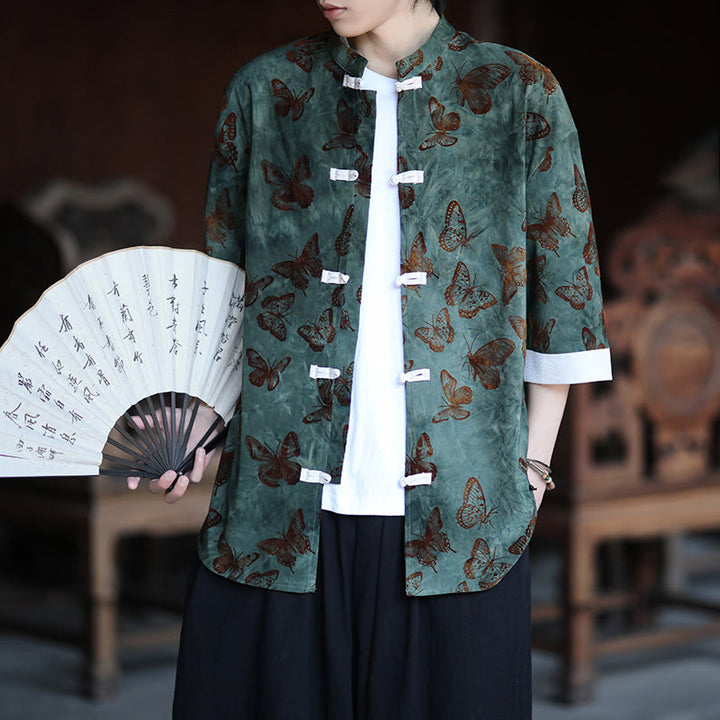 Buddha Stones Jacquard Schmetterlingsmuster Weiß Frosch-Knopf-Design Stehkragen Herren Dreiviertelärmel Baumwollhemd Strickjacke - image 1