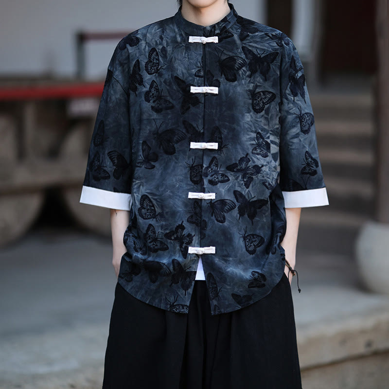 Buddha Stones Jacquard Schmetterlingsmuster Weiß Frosch-Knopf-Design Stehkragen Herren Dreiviertelärmel Baumwollhemd Strickjacke - Mitternachtsblau - US/ UK/AU46, EU56 (5XL) - image 8