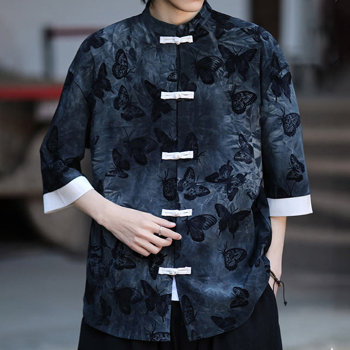 Buddha Stones Jacquard Schmetterlingsmuster Weiß Frosch-Knopf-Design Stehkragen Herren Dreiviertelärmel Baumwollhemd Strickjacke - image 16