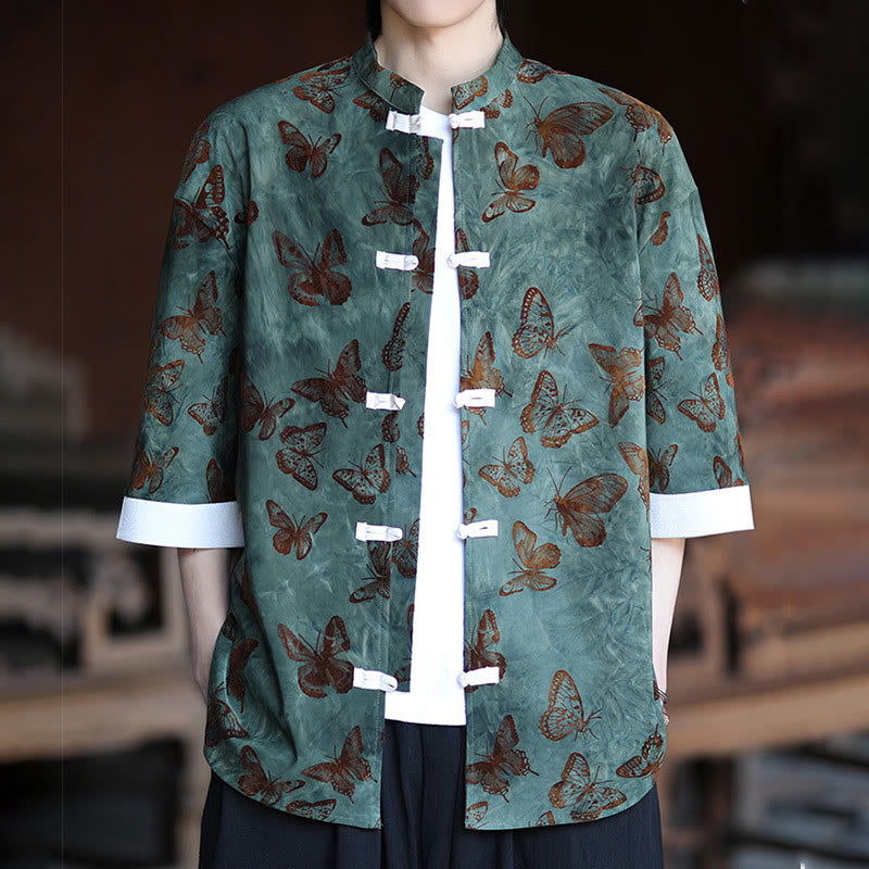 Buddha Stones Jacquard Schmetterlingsmuster Weiß Frosch-Knopf-Design Stehkragen Herren Dreiviertelärmel Baumwollhemd Strickjacke