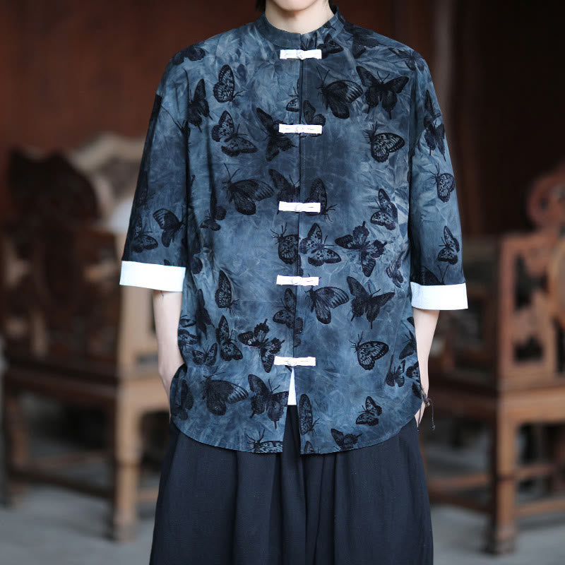 Buddha Stones Jacquard Schmetterlingsmuster Weiß Frosch-Knopf-Design Stehkragen Herren Dreiviertelärmel Baumwollhemd Strickjacke - image 10