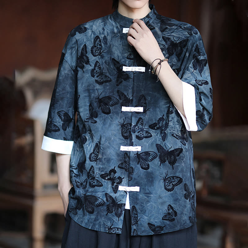 Buddha Stones Jacquard Schmetterlingsmuster Weiß Frosch-Knopf-Design Stehkragen Herren Dreiviertelärmel Baumwollhemd Strickjacke - image 12