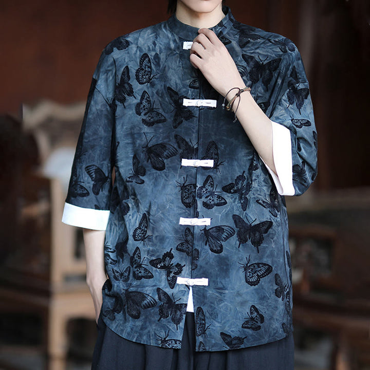 Buddha Stones Jacquard Schmetterlingsmuster Weiß Frosch-Knopf-Design Stehkragen Herren Dreiviertelärmel Baumwollhemd Strickjacke - image 12