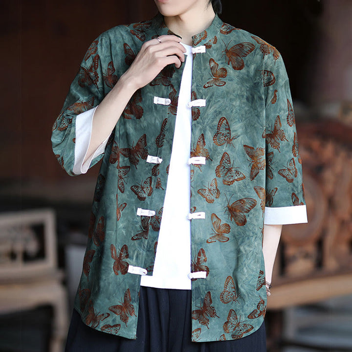 Buddha Stones Jacquard Schmetterlingsmuster Weiß Frosch-Knopf-Design Stehkragen Herren Dreiviertelärmel Baumwollhemd Strickjacke