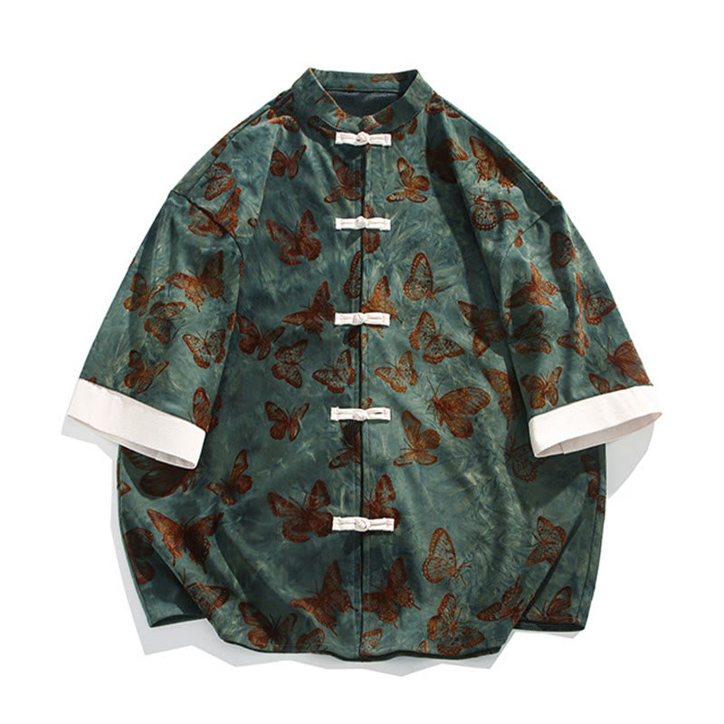 Buddha Stones Jacquard Schmetterlingsmuster Weiß Frosch-Knopf-Design Stehkragen Herren Dreiviertelärmel Baumwollhemd Strickjacke - image 7