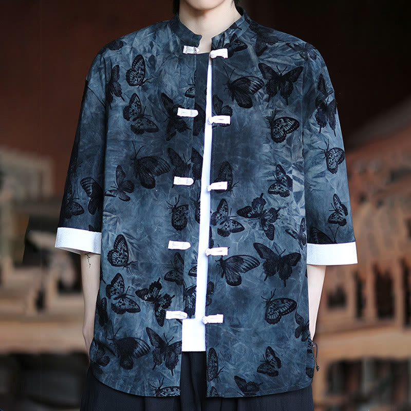 Buddha Stones Jacquard Schmetterlingsmuster Weiß Frosch-Knopf-Design Stehkragen Herren Dreiviertelärmel Baumwollhemd Strickjacke - image 13