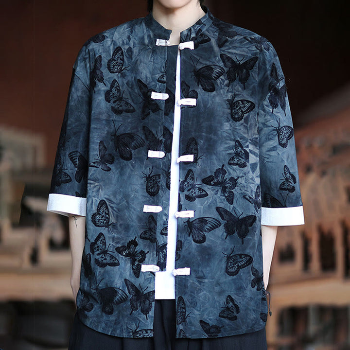 Buddha Stones Jacquard Schmetterlingsmuster Weiß Frosch-Knopf-Design Stehkragen Herren Dreiviertelärmel Baumwollhemd Strickjacke - image 13