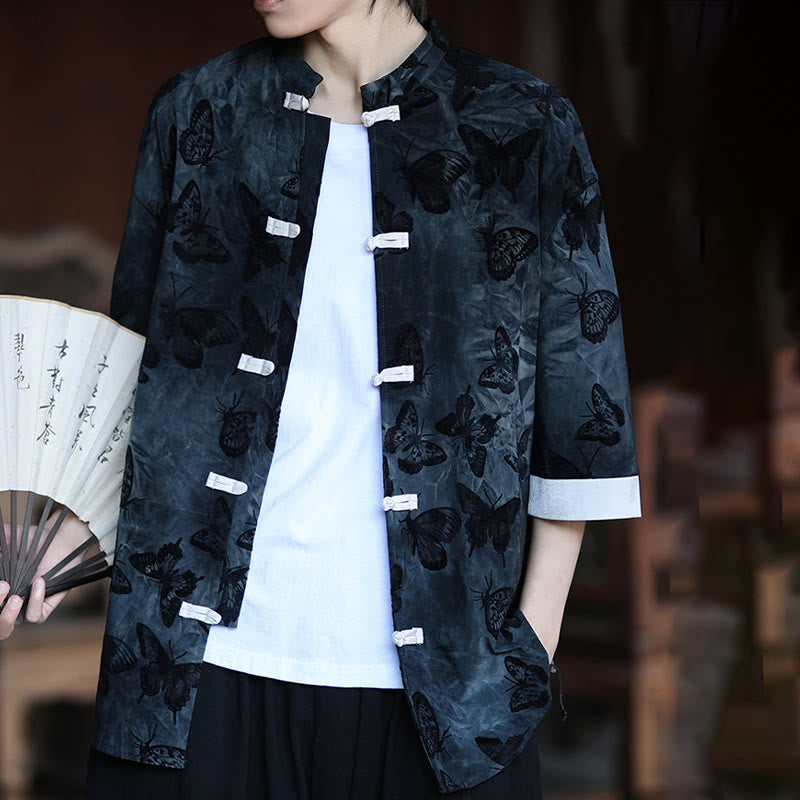 Buddha Stones Jacquard Schmetterlingsmuster Weiß Frosch-Knopf-Design Stehkragen Herren Dreiviertelärmel Baumwollhemd Strickjacke - image 15