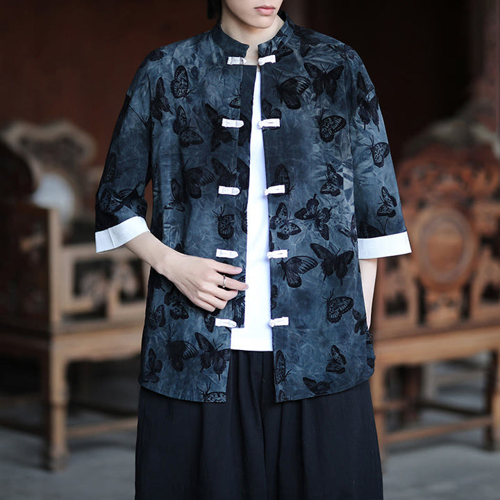 Buddha Stones Jacquard Schmetterlingsmuster Weiß Frosch-Knopf-Design Stehkragen Herren Dreiviertelärmel Baumwollhemd Strickjacke - image 11