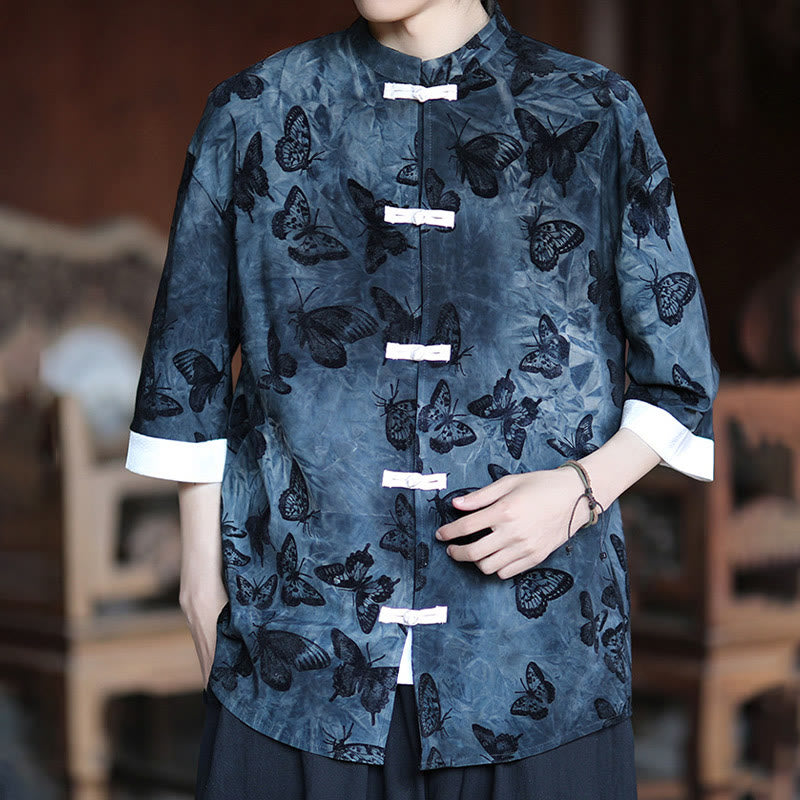 Buddha Stones Jacquard Schmetterlingsmuster Weiß Frosch-Knopf-Design Stehkragen Herren Dreiviertelärmel Baumwollhemd Strickjacke