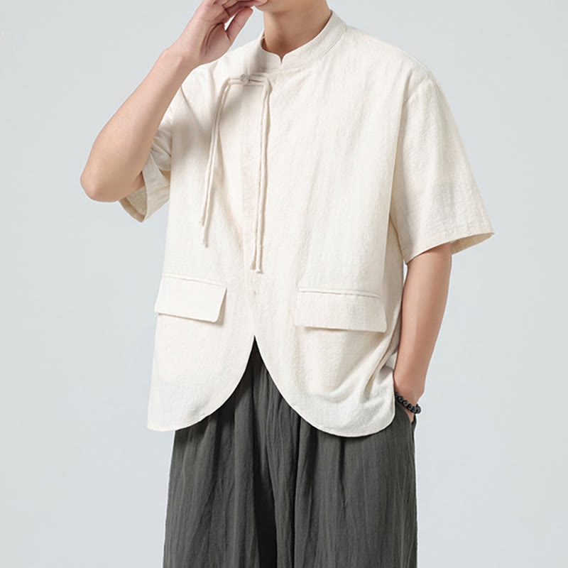 Buddha Stones Vintage Einfarbig Unregelmäßiger Saum Design Stehkragen Herren Halbarm Baumwollhemd Strickjacke Mit Taschen - image 1