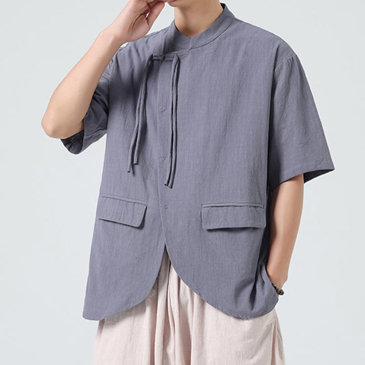 Buddha Stones Vintage Einfarbig Unregelmäßiger Saum Design Stehkragen Herren Halbarm Baumwollhemd Strickjacke Mit Taschen - image 25