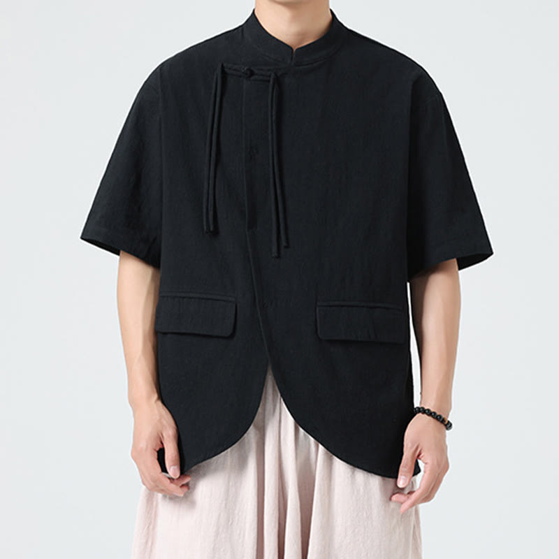 Buddha Stones Vintage Einfarbig Unregelmäßiger Saum Design Stehkragen Herren Halbarm Baumwollhemd Strickjacke Mit Taschen - image 16