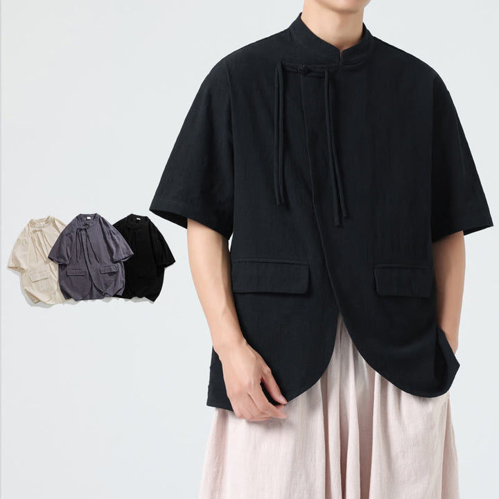 Buddha Stones Vintage Einfarbig Unregelmäßiger Saum Design Stehkragen Herren Halbarm Baumwollhemd Strickjacke Mit Taschen - Schwarz - US/ UK/AU46, EU56 (5XL) - image 9