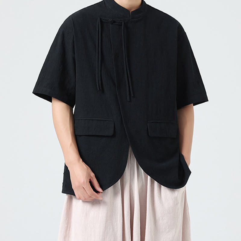 Buddha Stones Vintage Einfarbig Unregelmäßiger Saum Design Stehkragen Herren Halbarm Baumwollhemd Strickjacke Mit Taschen - image 14