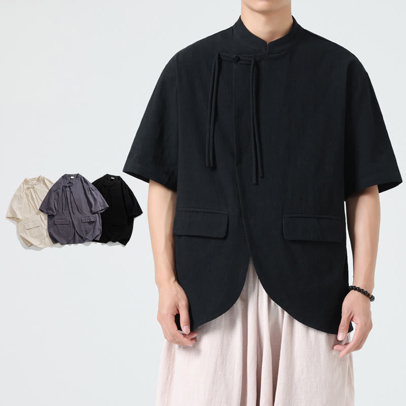 Buddha Stones Vintage Einfarbig Unregelmäßiger Saum Design Stehkragen Herren Halbarm Baumwollhemd Strickjacke Mit Taschen - image 10