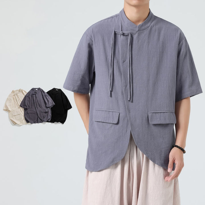 Buddha Stones Vintage Einfarbig Unregelmäßiger Saum Design Stehkragen Herren Halbarm Baumwollhemd Strickjacke Mit Taschen - image 19