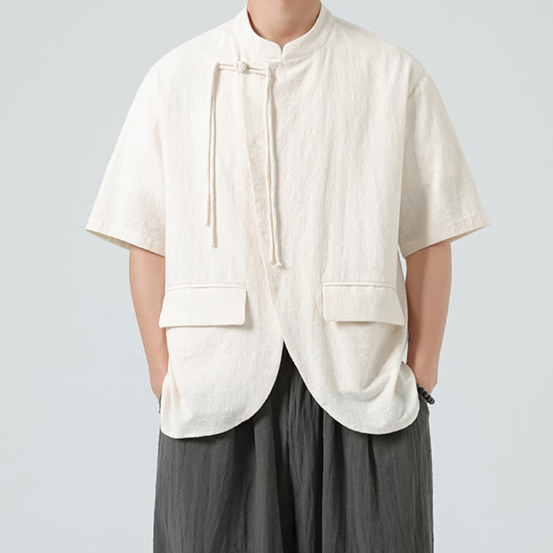 Buddha Stones Vintage Einfarbig Unregelmäßiger Saum Design Stehkragen Herren Halbarm Baumwollhemd Strickjacke Mit Taschen - image 3