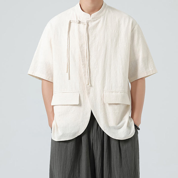 Buddha Stones Vintage Einfarbig Unregelmäßiger Saum Design Stehkragen Herren Halbarm Baumwollhemd Strickjacke Mit Taschen - image 3