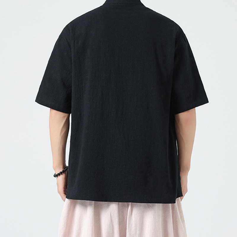 Buddha Stones Vintage Einfarbig Unregelmäßiger Saum Design Stehkragen Herren Halbarm Baumwollhemd Strickjacke Mit Taschen - image 12