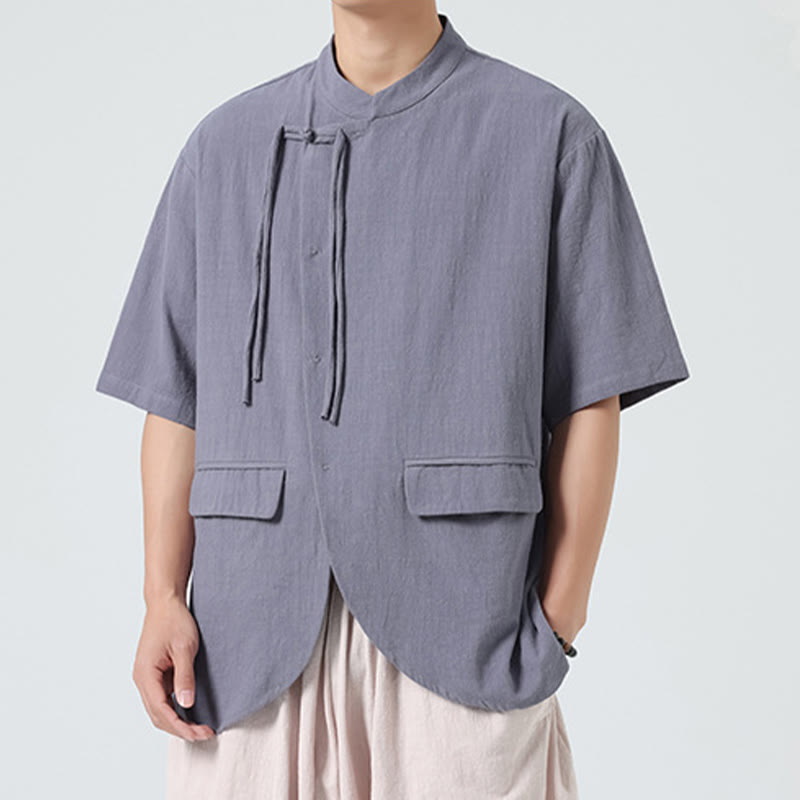 Buddha Stones Vintage Einfarbig Unregelmäßiger Saum Design Stehkragen Herren Halbarm Baumwollhemd Strickjacke Mit Taschen - image 22