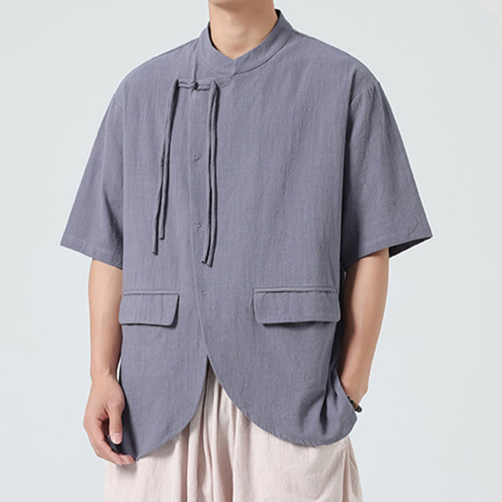 Buddha Stones Vintage Einfarbig Unregelmäßiger Saum Design Stehkragen Herren Halbarm Baumwollhemd Strickjacke Mit Taschen - image 22