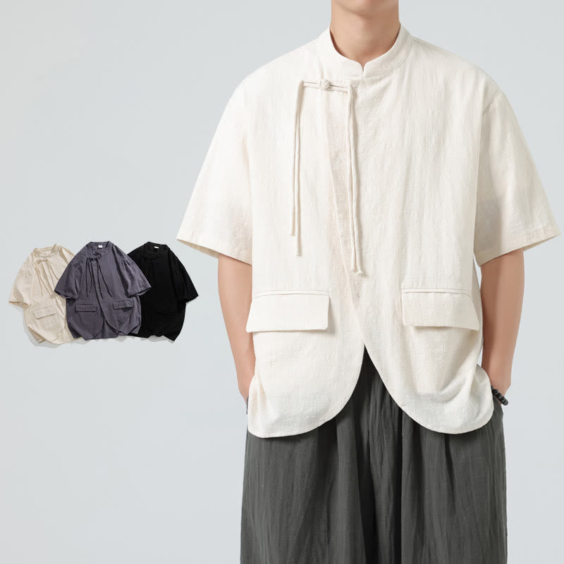 Buddha Stones Vintage Einfarbig Unregelmäßiger Saum Design Stehkragen Herren Halbarm Baumwollhemd Strickjacke Mit Taschen - image 6