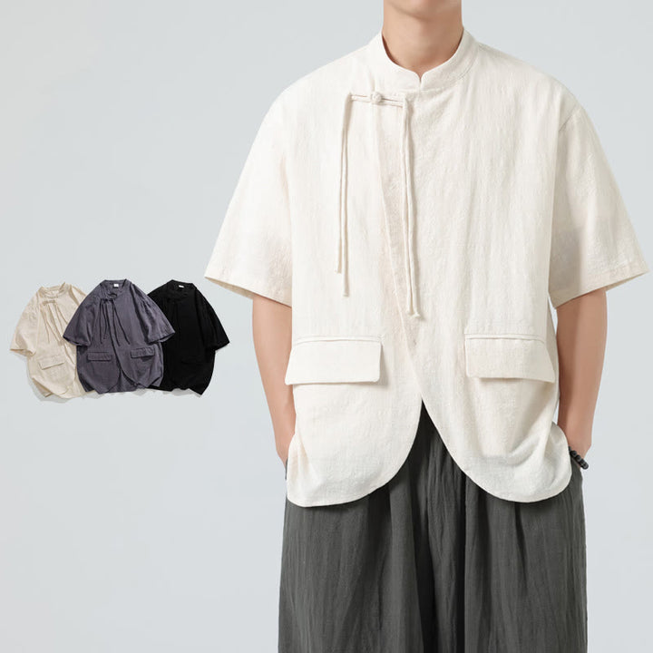 Buddha Stones Vintage Einfarbig Unregelmäßiger Saum Design Stehkragen Herren Halbarm Baumwollhemd Strickjacke Mit Taschen - image 6