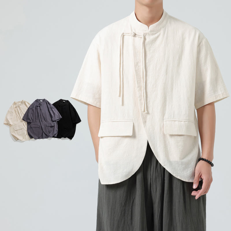 Buddha Stones Vintage Einfarbig Unregelmäßiger Saum Design Stehkragen Herren Halbarm Baumwollhemd Strickjacke Mit Taschen - image 7