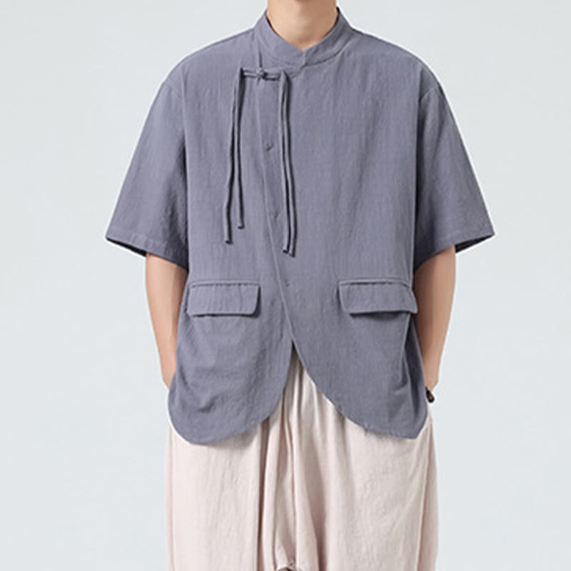 Buddha Stones Vintage Einfarbig Unregelmäßiger Saum Design Stehkragen Herren Halbarm Baumwollhemd Strickjacke Mit Taschen - image 27