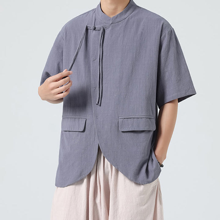 Buddha Stones Vintage Einfarbig Unregelmäßiger Saum Design Stehkragen Herren Halbarm Baumwollhemd Strickjacke Mit Taschen - image 20